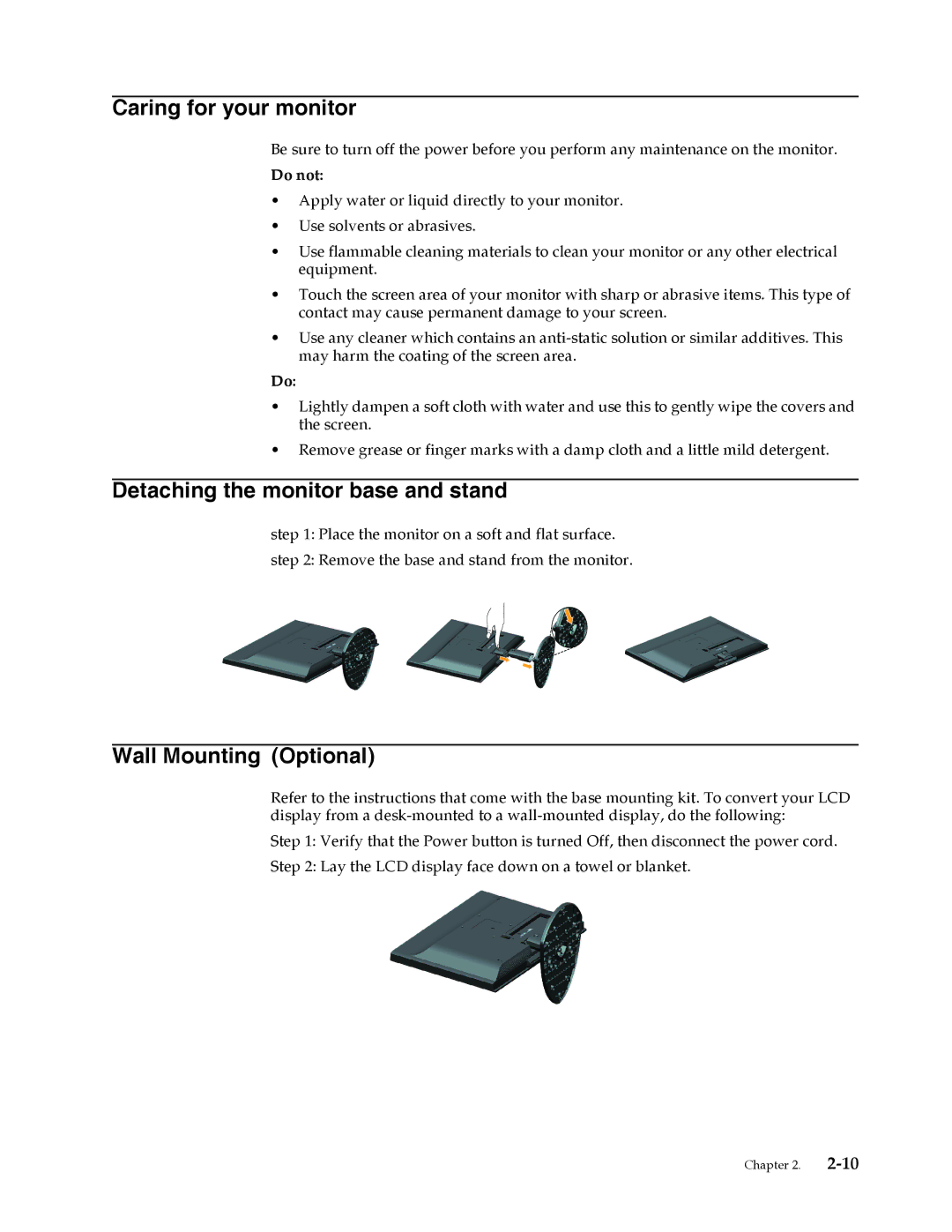 Lenovo 3794HB1 user manual Caring for your monitor, Detaching the monitor base and stand, Wall Mounting Optional 