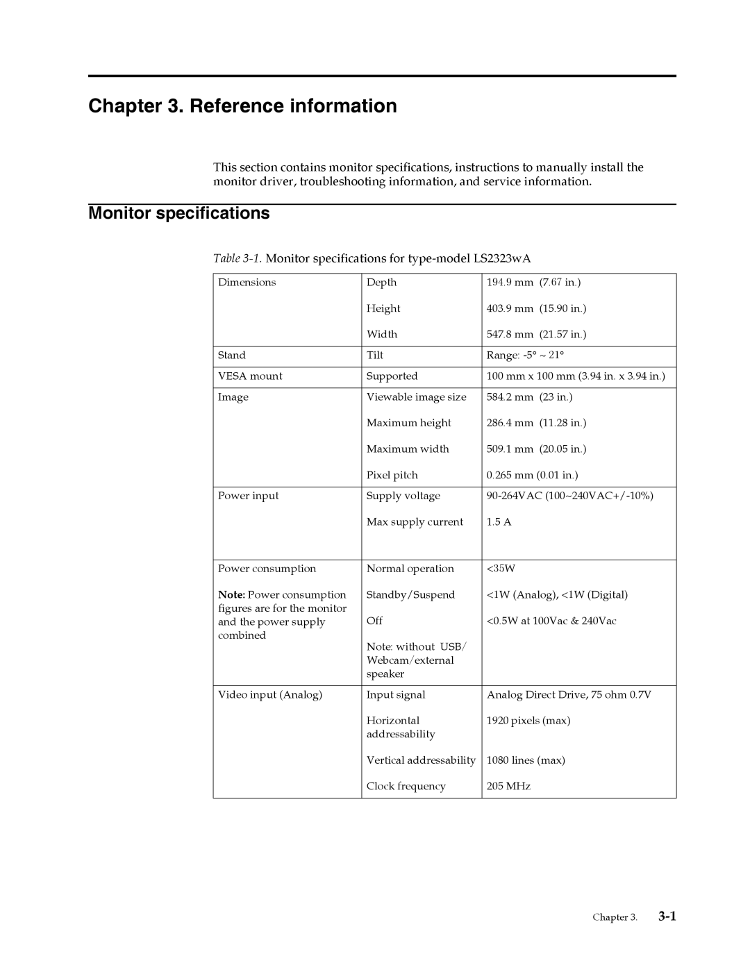 Lenovo 3794HB1 user manual Reference information, Monitor specifications 