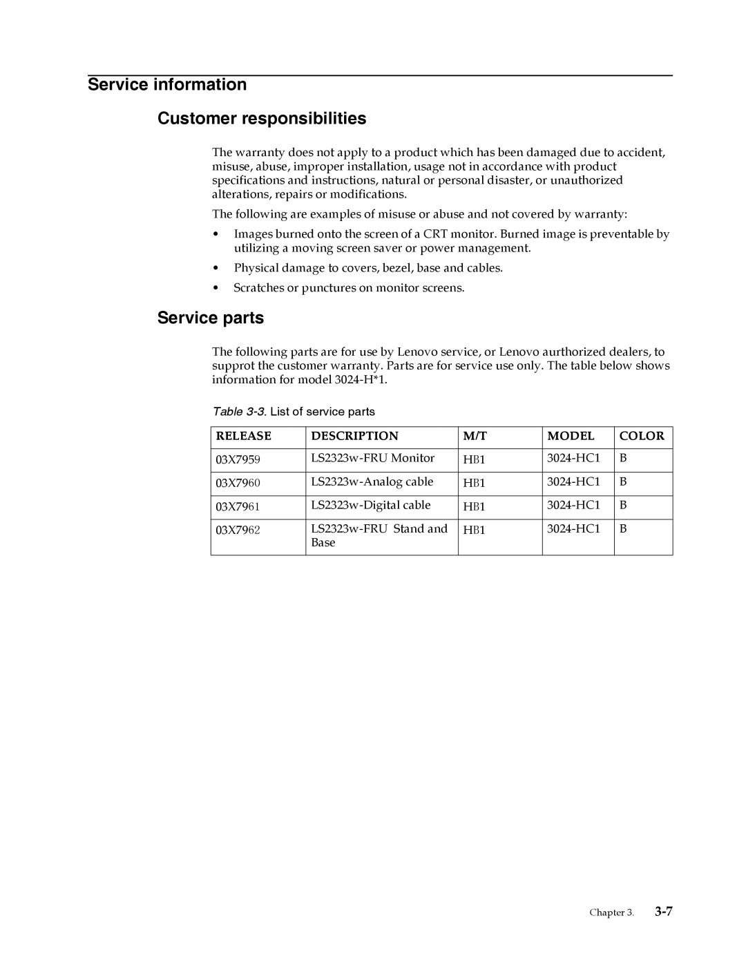 Lenovo 3794HB1 user manual Service information Customer responsibilities, Service parts 