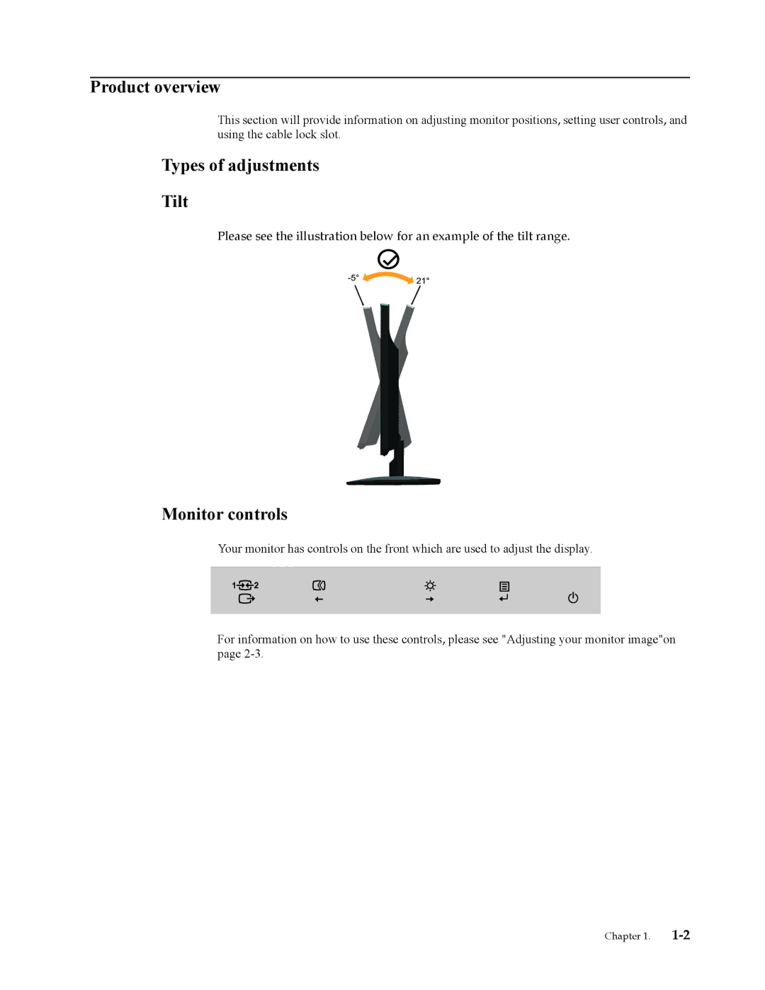 Lenovo 3794HB1 user manual Product overview, Types of adjustments Tilt, Monitor controls 