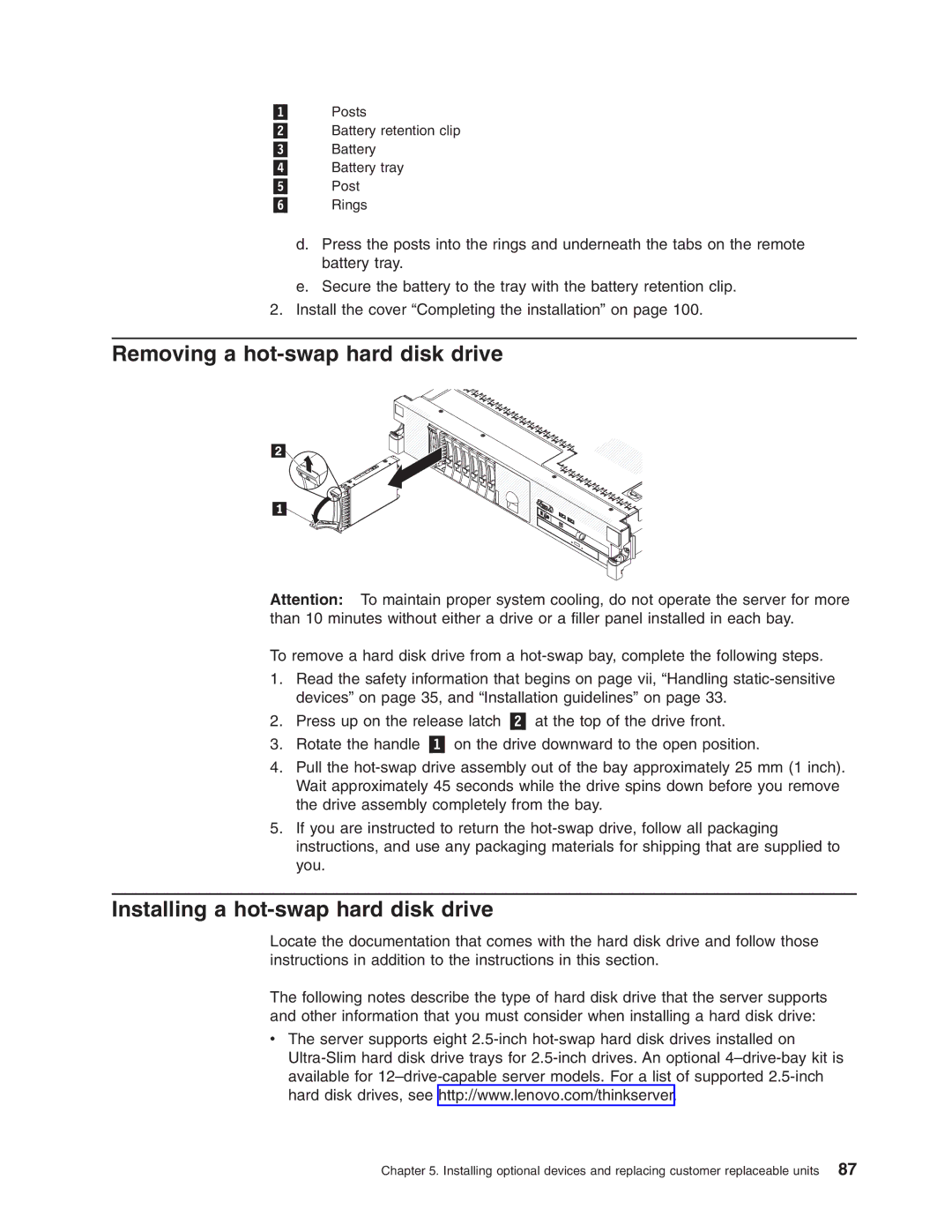 Lenovo 3797 manual Removing a hot-swap hard disk drive, Installing a hot-swap hard disk drive 