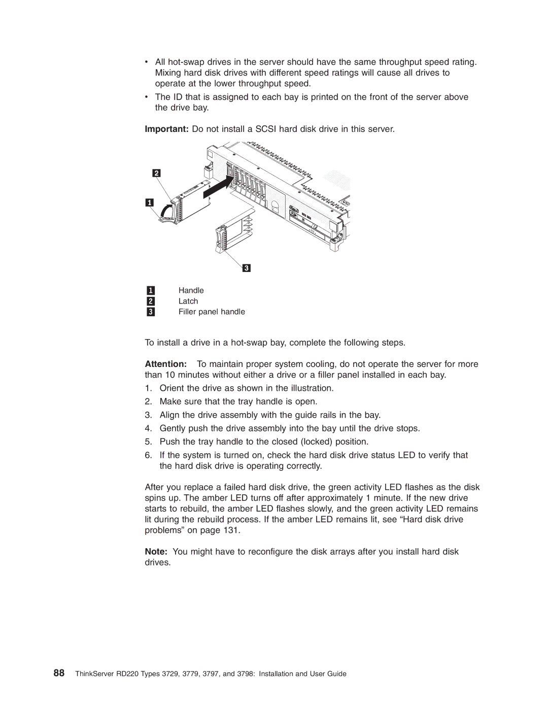 Lenovo 3797 manual 1 Handle 2 Latch 3 Filler panel handle 