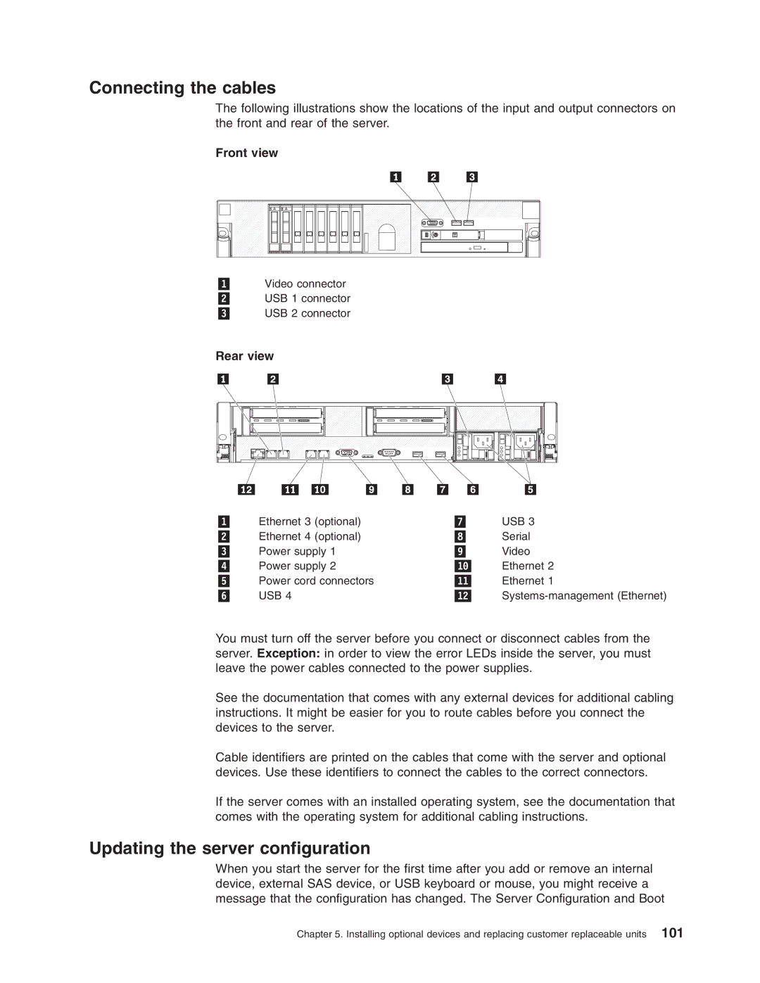 Lenovo 3797 manual Connecting the cables, Updating the server configuration, Front view, Rear view 