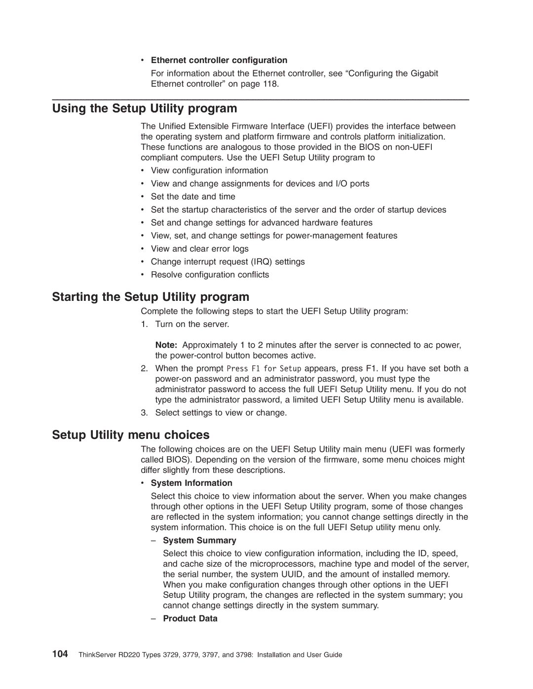 Lenovo 3797 manual Using the Setup Utility program, Starting the Setup Utility program, Setup Utility menu choices 