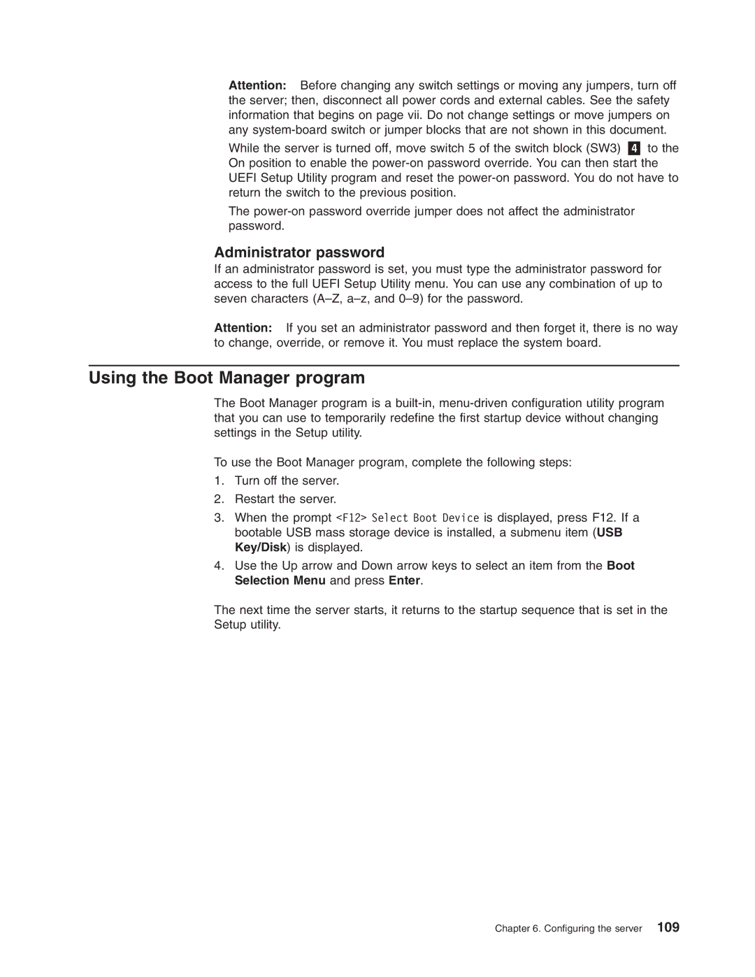 Lenovo 3797 manual Using the Boot Manager program, Administrator password 