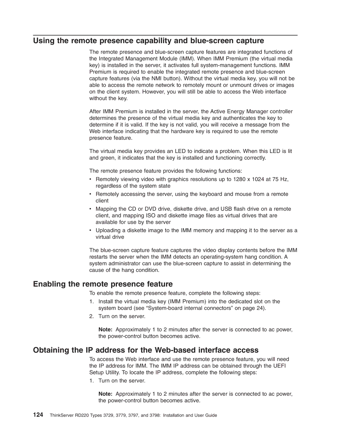 Lenovo 3797 manual Enabling the remote presence feature, Obtaining the IP address for the Web-based interface access 