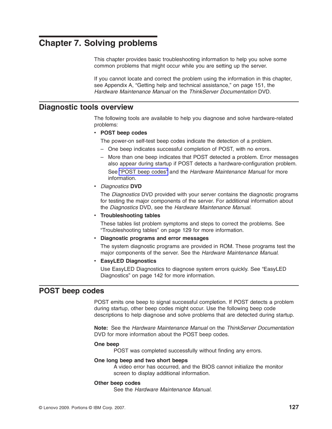 Lenovo 3797 manual Diagnostic tools overview, Post beep codes 