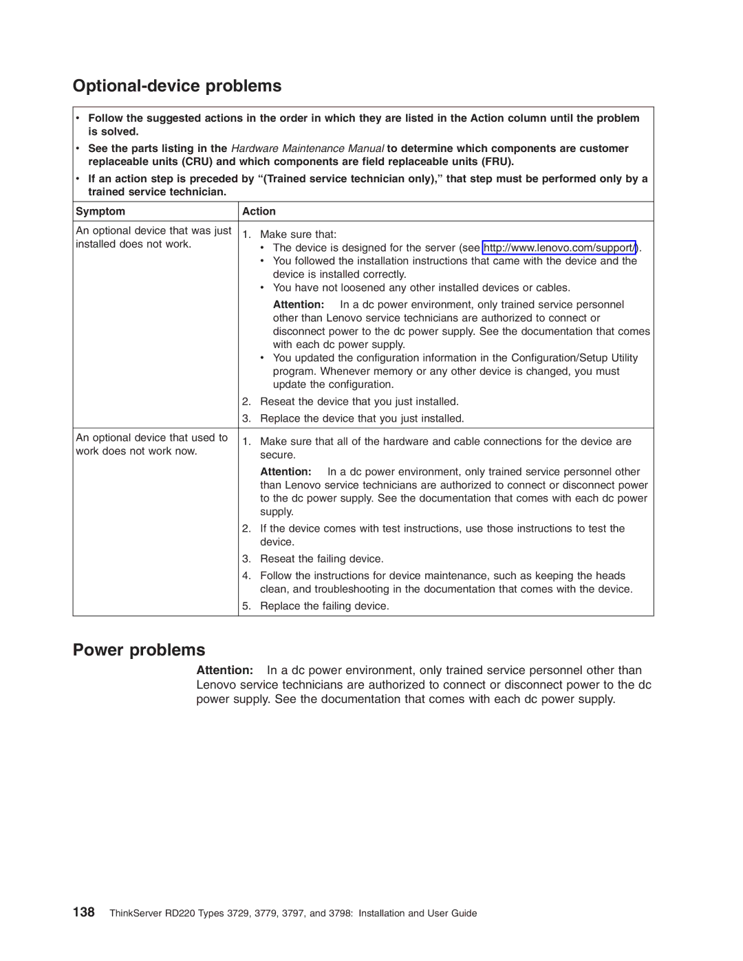Lenovo 3797 manual Optional-device problems, Power problems 