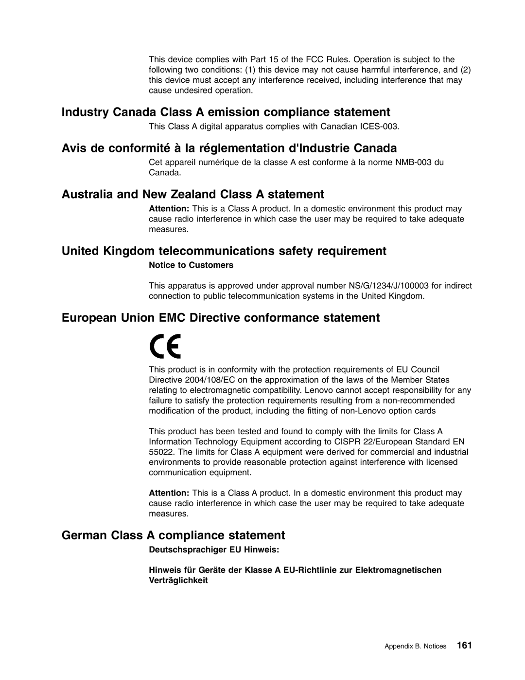 Lenovo 3797 Industry Canada Class a emission compliance statement, European Union EMC Directive conformance statement 