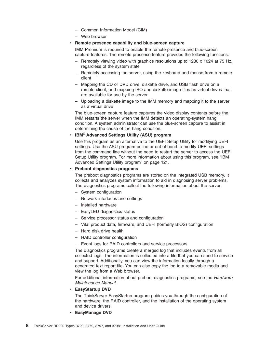 Lenovo 3797 Remote presence capability and blue-screen capture, IBM Advanced Settings Utility ASU program, EasyStartup DVD 