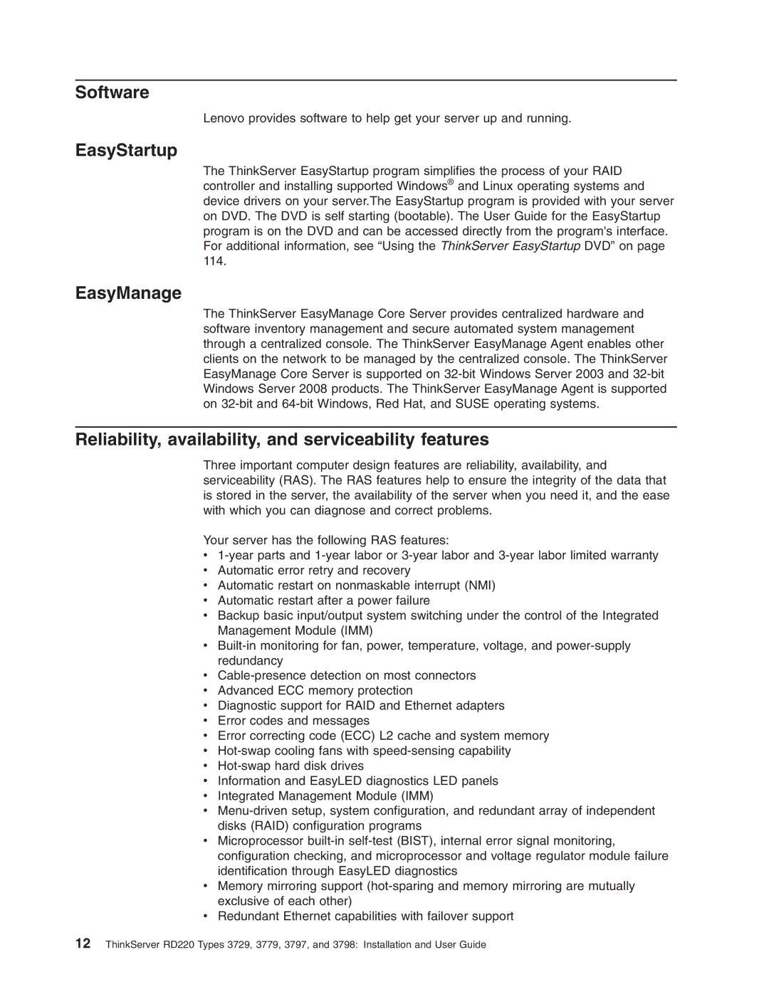 Lenovo 3797 manual Software, EasyStartup, EasyManage, Reliability, availability, and serviceability features 