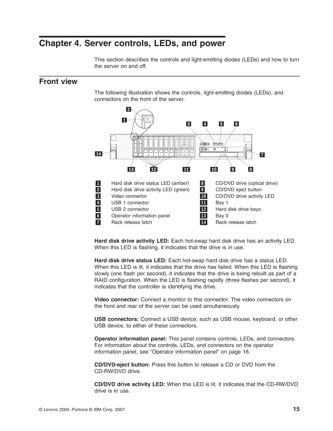 Lenovo 3797 manual Server controls, LEDs, and power, Front view 