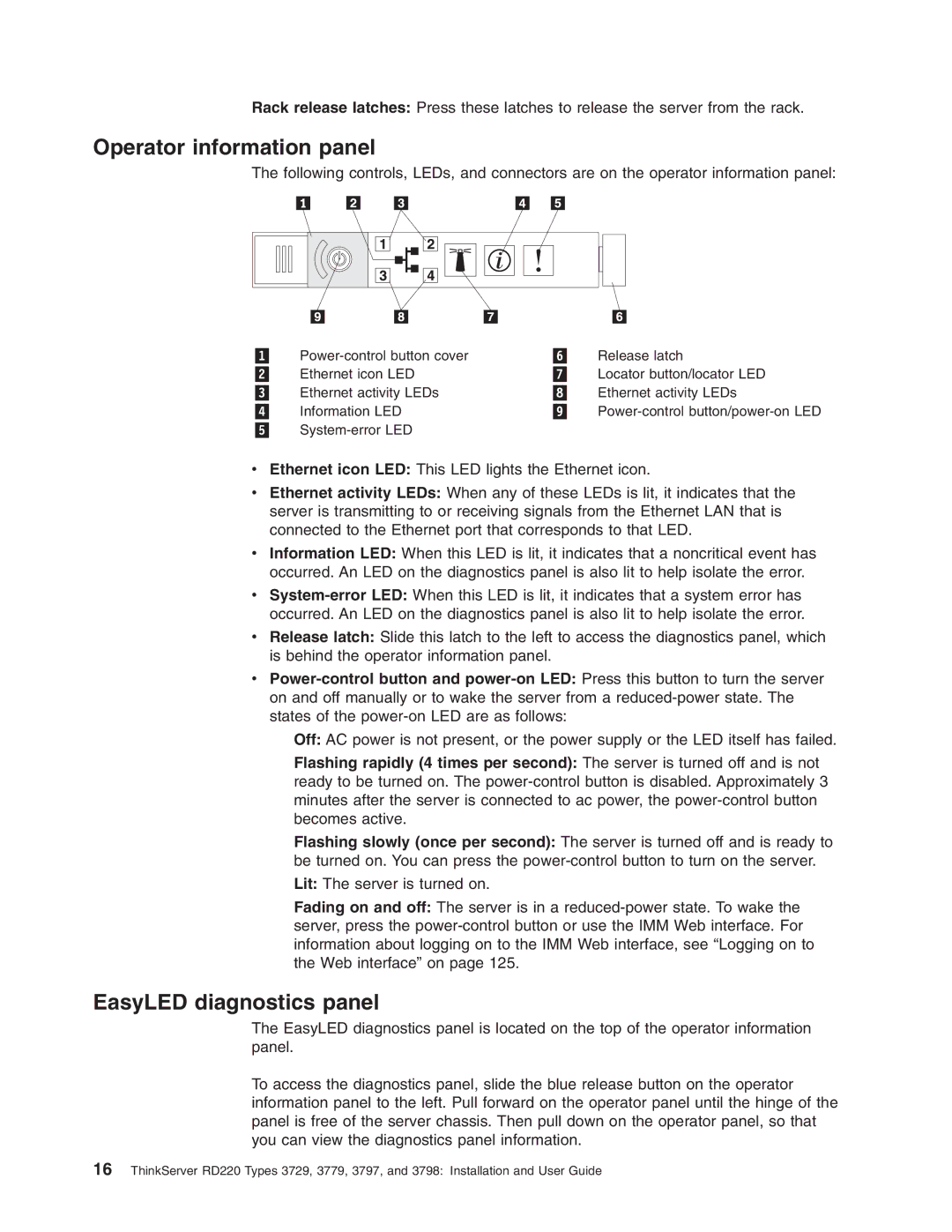 Lenovo 3797 manual Operator information panel, EasyLED diagnostics panel 