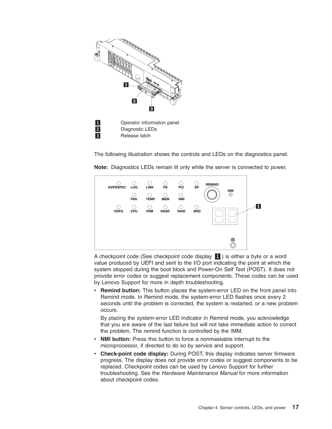 Lenovo 3797 manual Server controls, LEDs, and power 