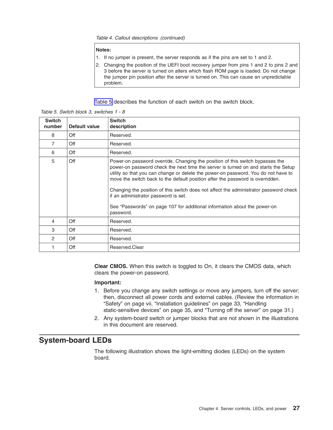 Lenovo 3797 manual System-board LEDs, Describes the function of each switch on the switch block 