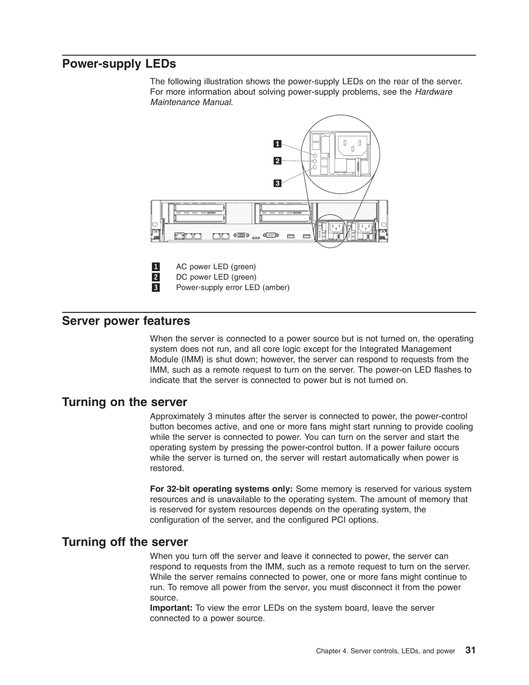 Lenovo 3797 manual Power-supply LEDs, Server power features, Turning on the server, Turning off the server 