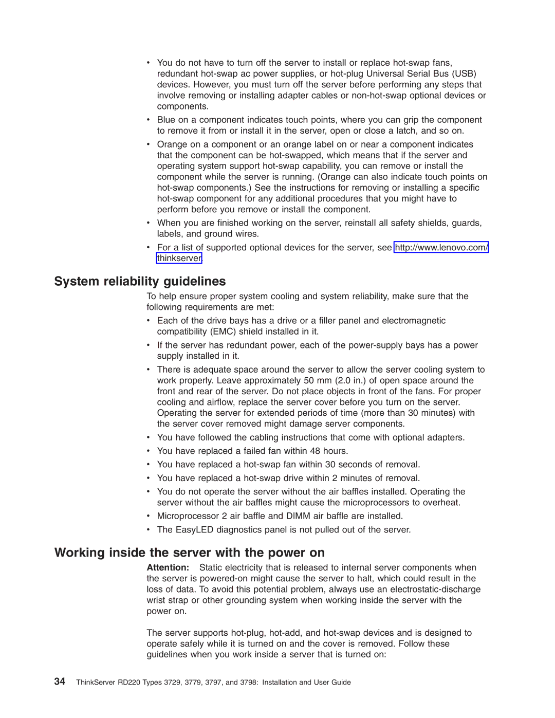 Lenovo 3797 manual System reliability guidelines, Working inside the server with the power on 