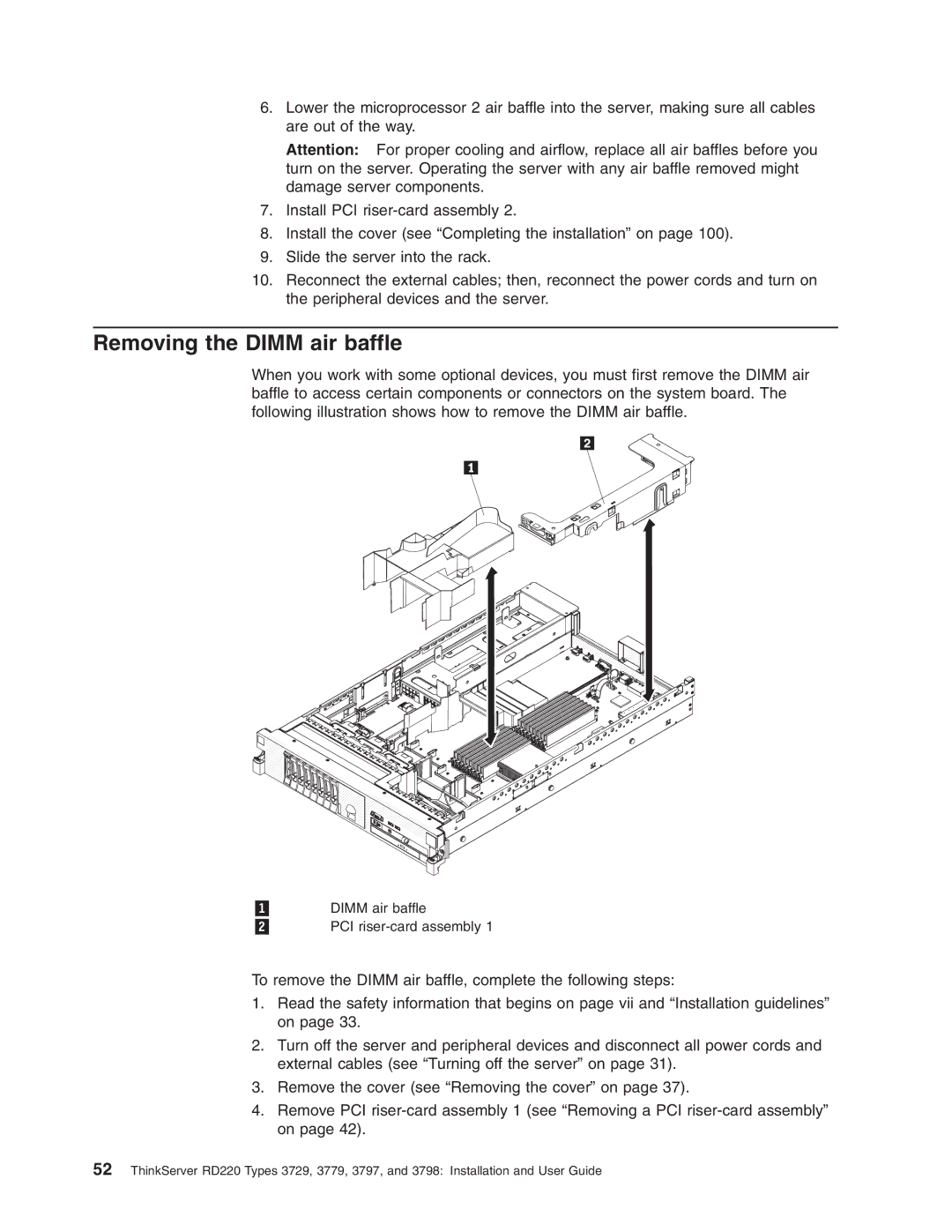 Lenovo 3797 manual Removing the Dimm air baffle 