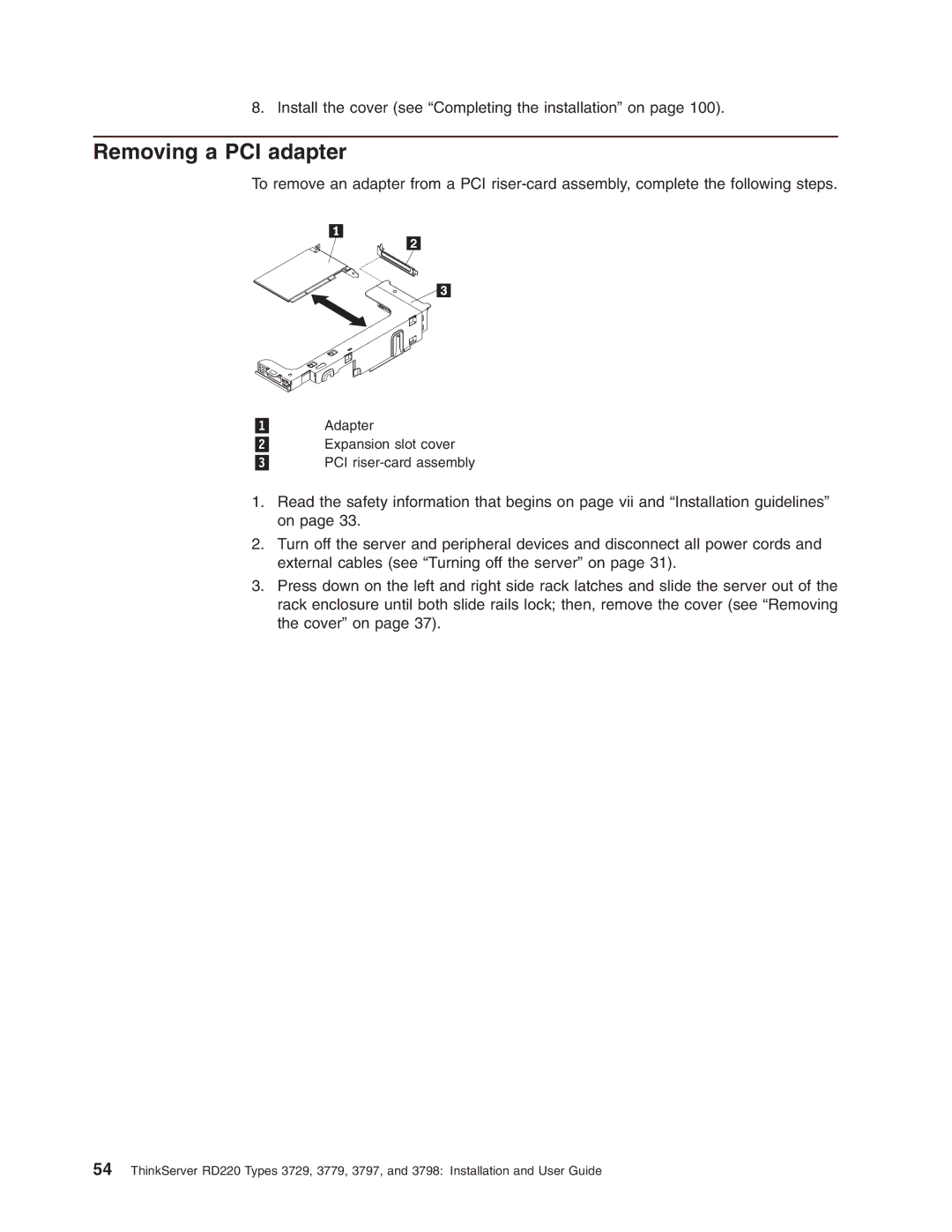 Lenovo 3797 manual Removing a PCI adapter 