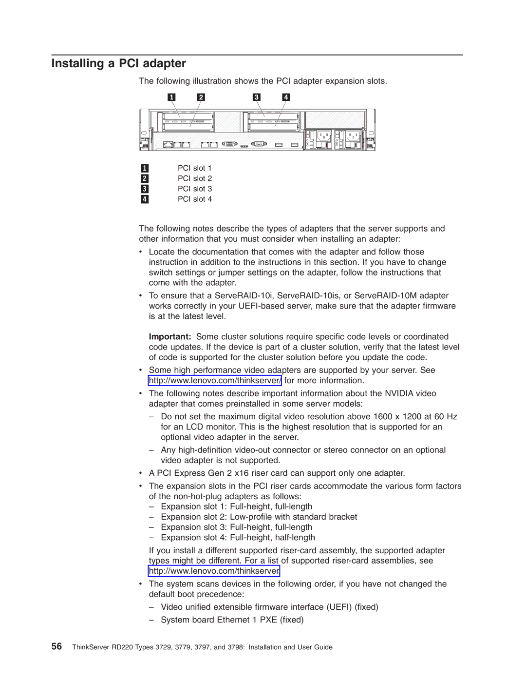 Lenovo 3797 manual Installing a PCI adapter 