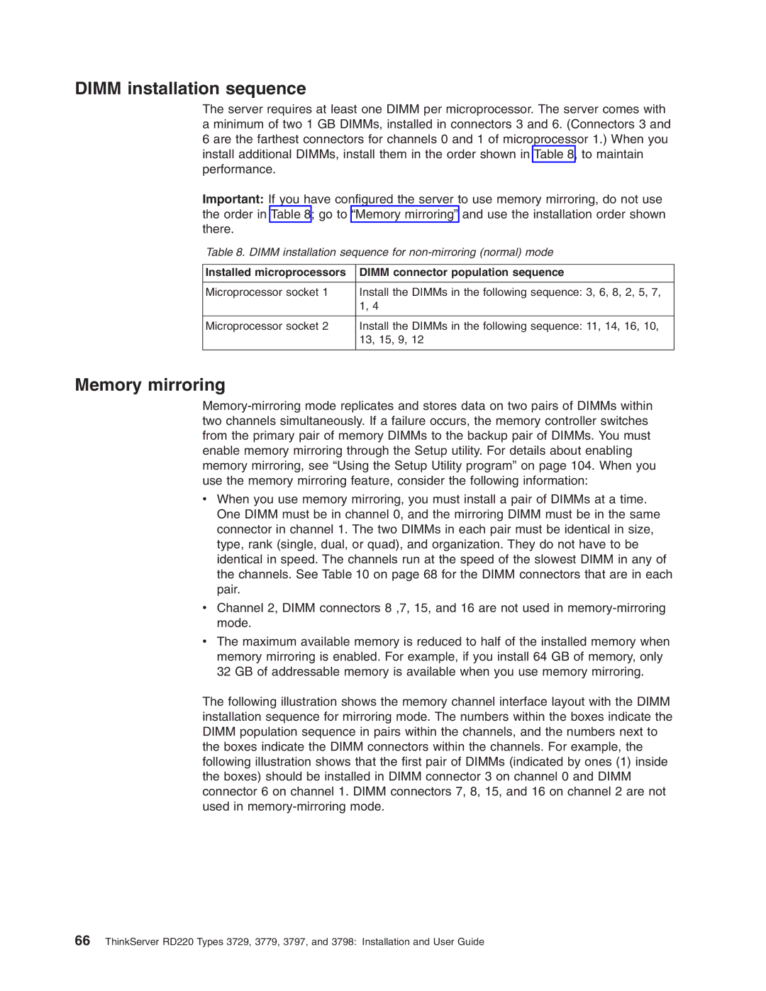 Lenovo 3797 manual Dimm installation sequence, Memory mirroring 