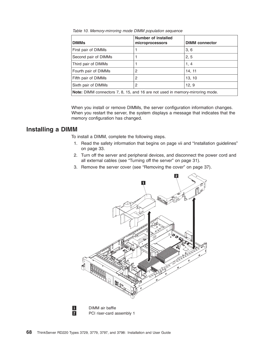 Lenovo 3797 manual Installing a Dimm, Number of installed DIMMs Microprocessors Dimm connector 