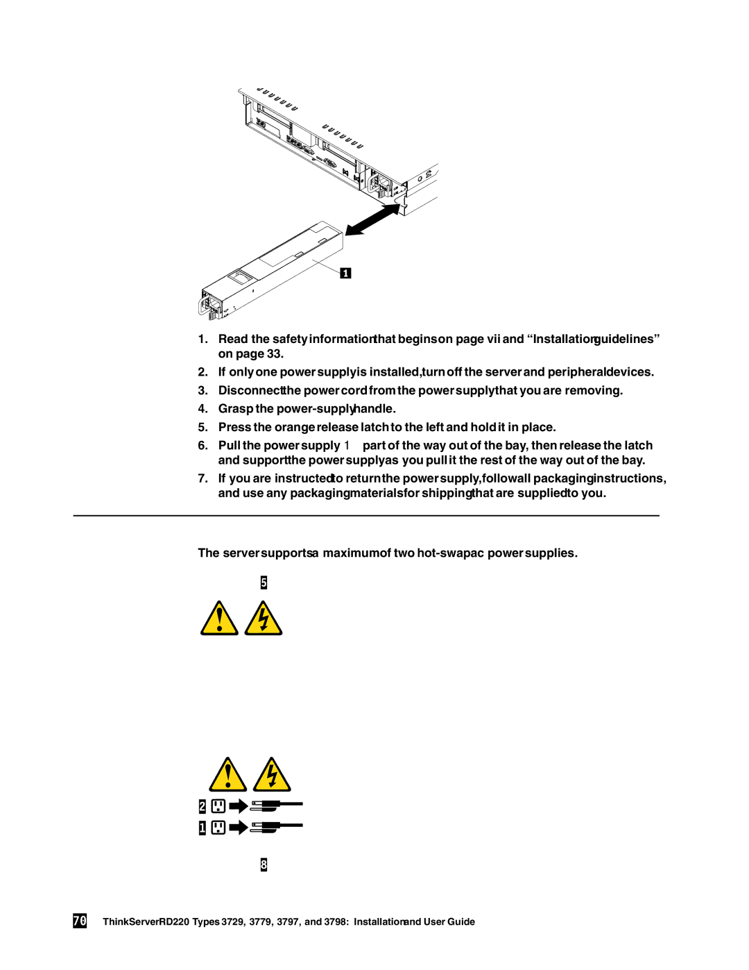 Lenovo 3797 manual Installing a hot-swap power supply 