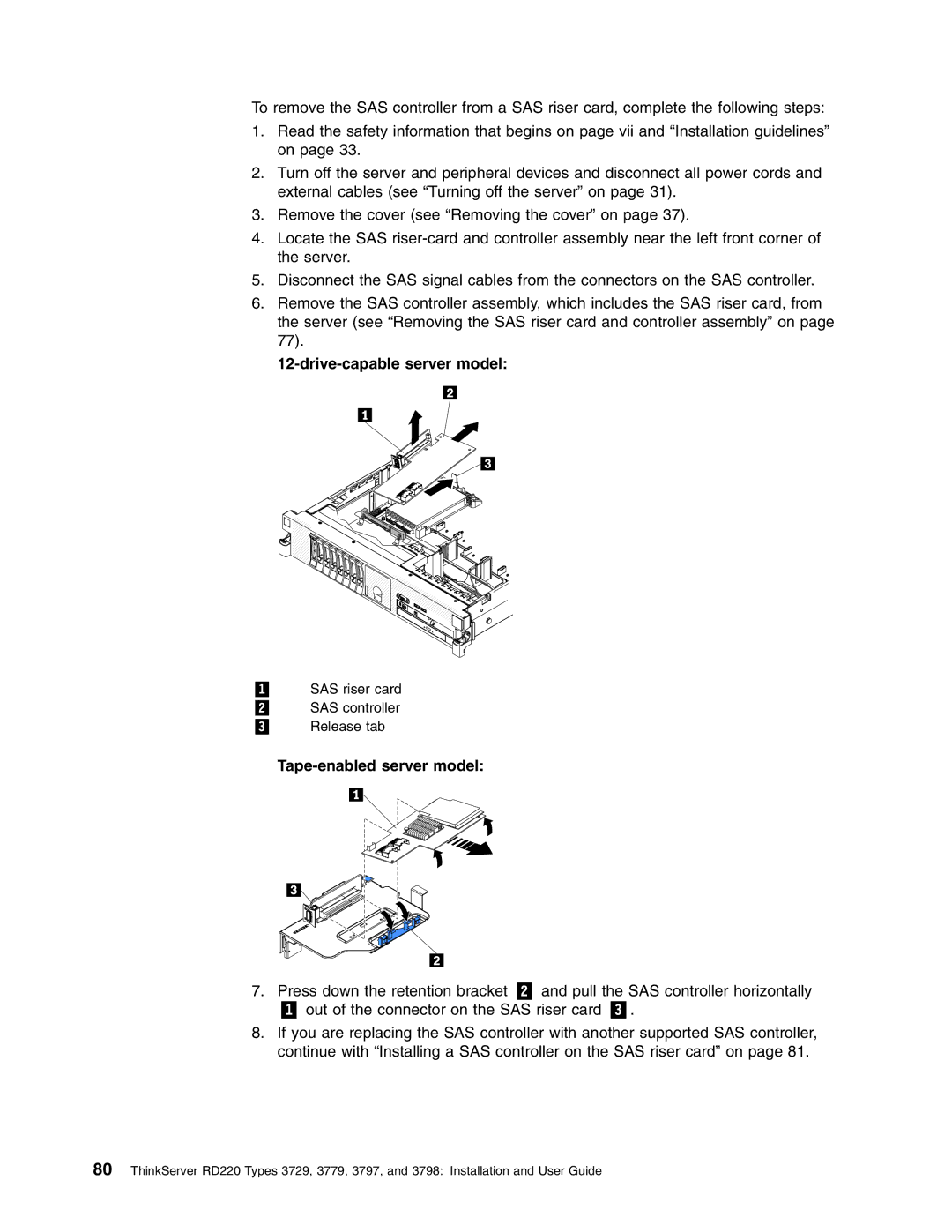 Lenovo 3797 manual 1 SAS riser card 2 SAS controller 3 Release tab 