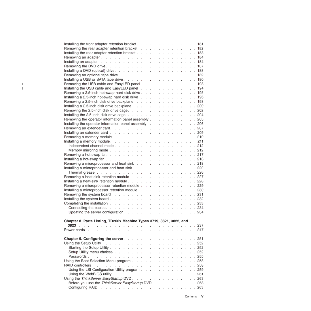 Lenovo 3823 manual Parts Listing, TD200x Machine Types 3719, 3821, 3822, Configuring the server 