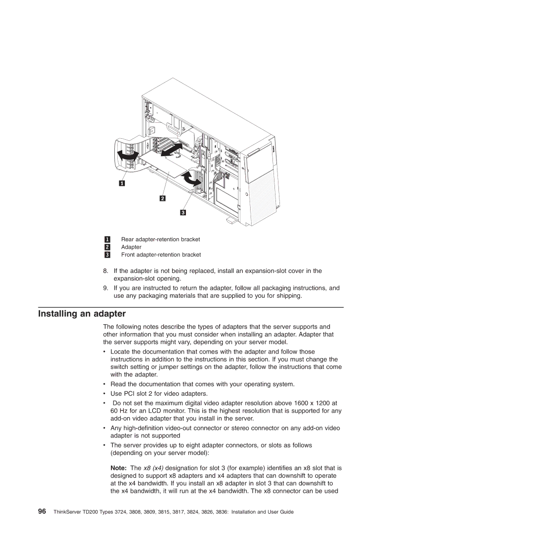 Lenovo 3826, 3836, 3809, 3724, 3824, 3808, 3815, 3817 manual Installing an adapter 