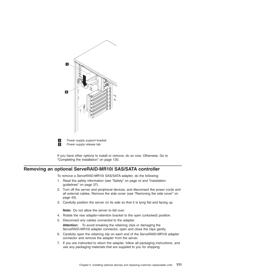 Lenovo 3809, 3836, 3826, 3724, 3824, 3808, 3815, 3817 manual Removing an optional ServeRAID-MR10i SAS/SATA controller 