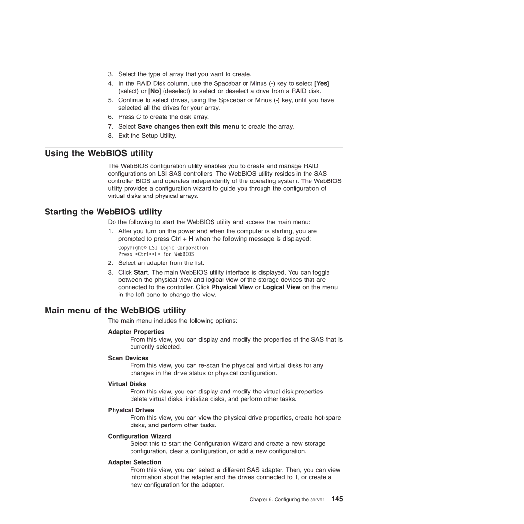 Lenovo 3724, 3836, 3809, 3826, 3824 Using the WebBIOS utility, Starting the WebBIOS utility, Main menu of the WebBIOS utility 