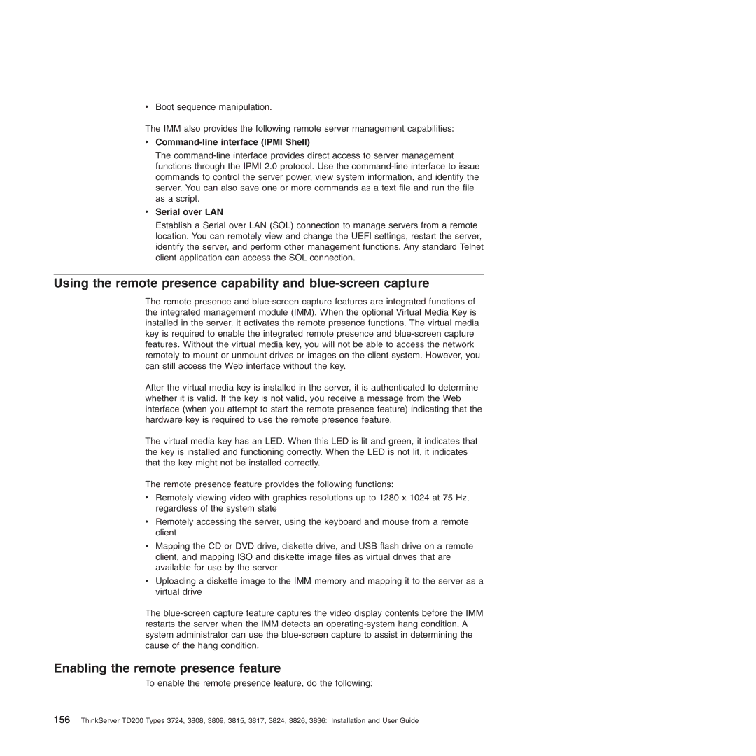 Lenovo 3815, 3836, 3809, 3826, 3724 Enabling the remote presence feature, Command-line interface Ipmi Shell, Serial over LAN 