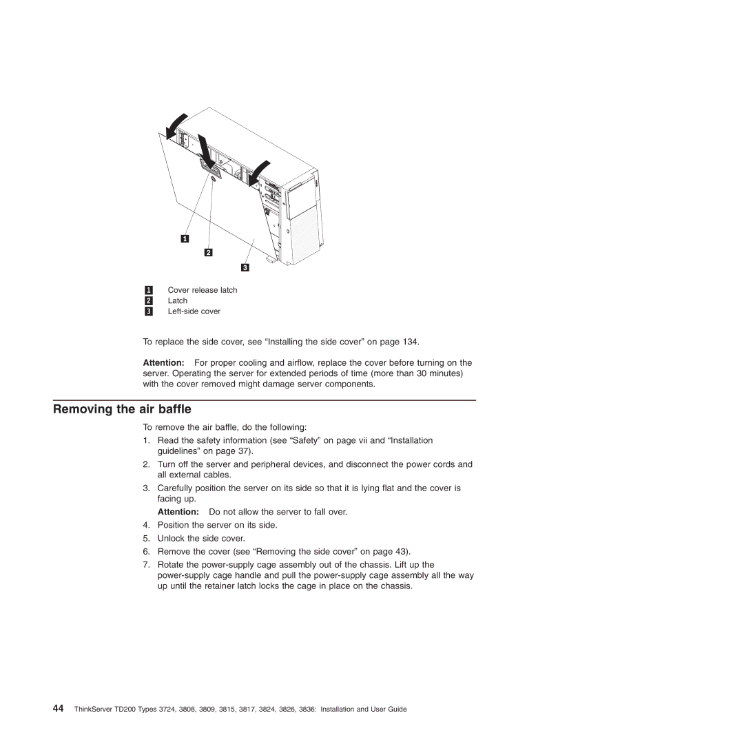 Lenovo 3815, 3836, 3809, 3826, 3724, 3824, 3808, 3817 manual Removing the air baffle 