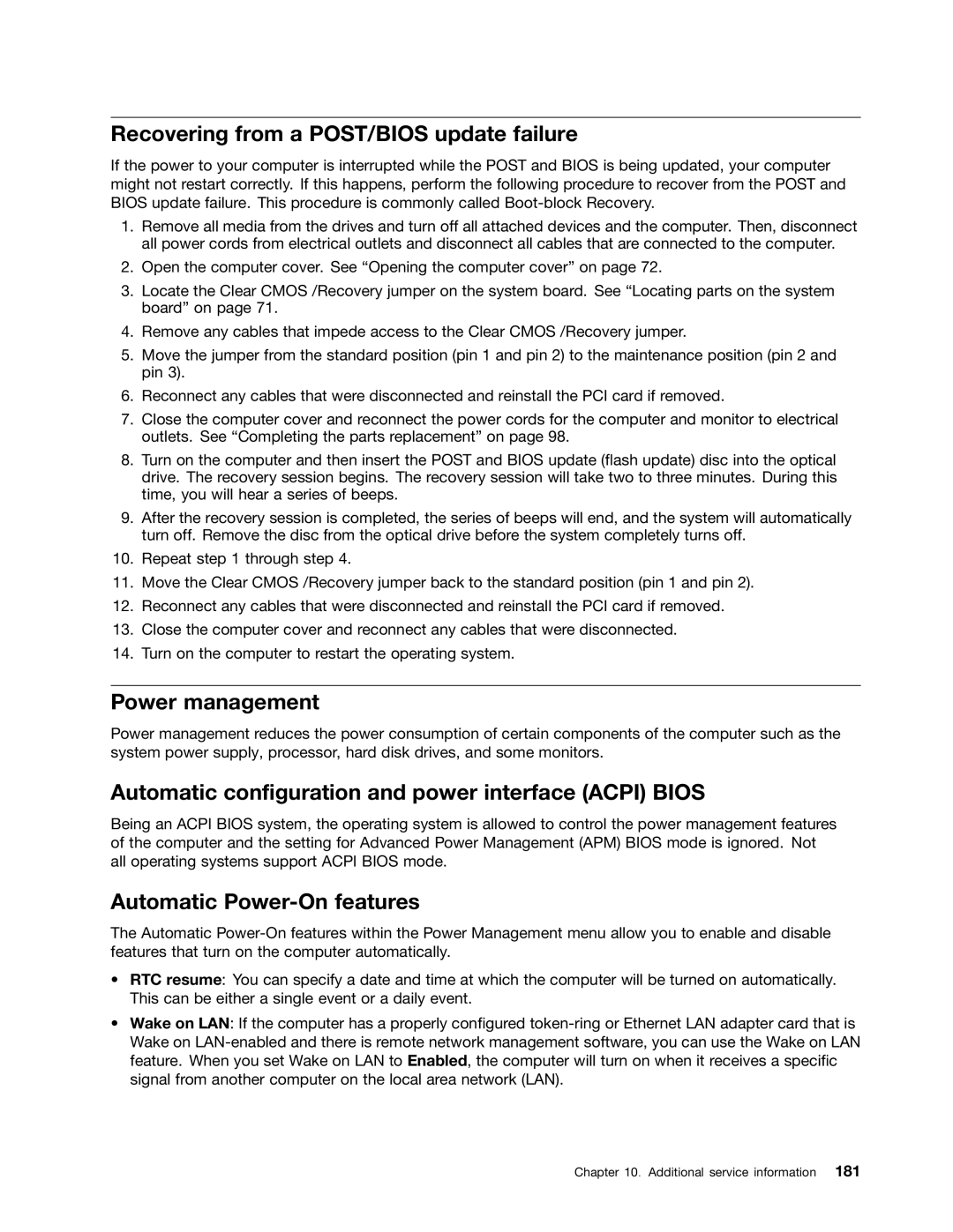 Lenovo 7516, 384, 4168, 5067, 7519 Recovering from a POST/BIOS update failure, Power management, Automatic Power-On features 