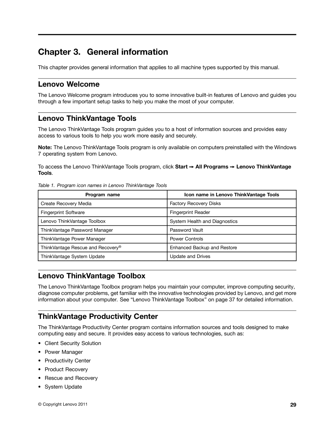 Lenovo 7516, 384, 4168, 5067, 266 General information, Lenovo Welcome, Lenovo ThinkVantage Tools, Lenovo ThinkVantage Toolbox 