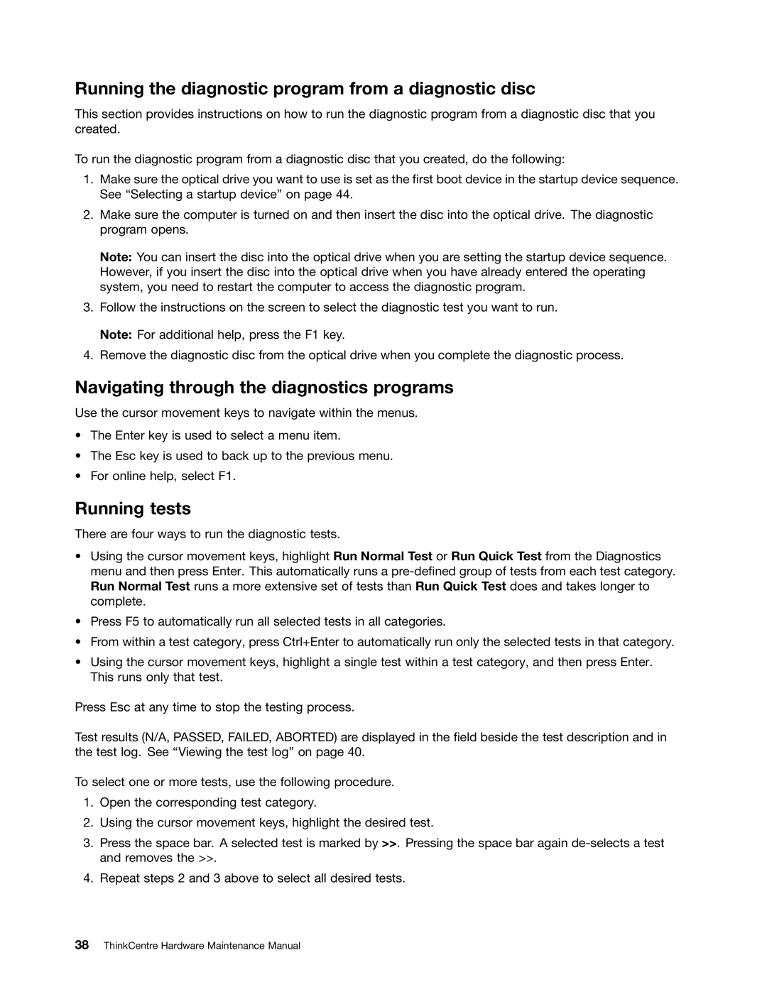 Lenovo 7519, 384, 4168 Running the diagnostic program from a diagnostic disc, Navigating through the diagnostics programs 
