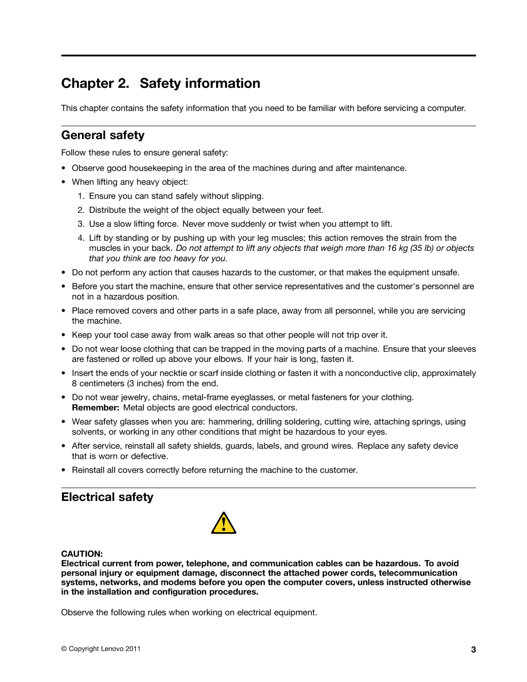 Lenovo 4168, 384, 5067, 7516, 7519, 5027, 266, 2491 manual Safety information, General safety, Electrical safety 