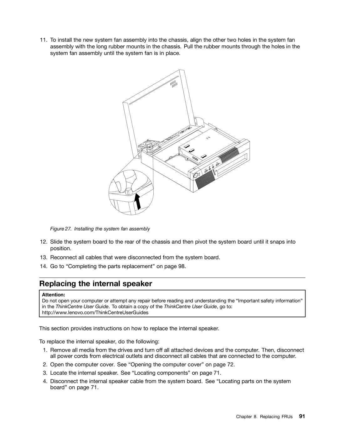 Lenovo 4168, 384, 5067, 7516, 7519, 5027, 266, 2491 manual Replacing the internal speaker, Installing the system fan assembly 