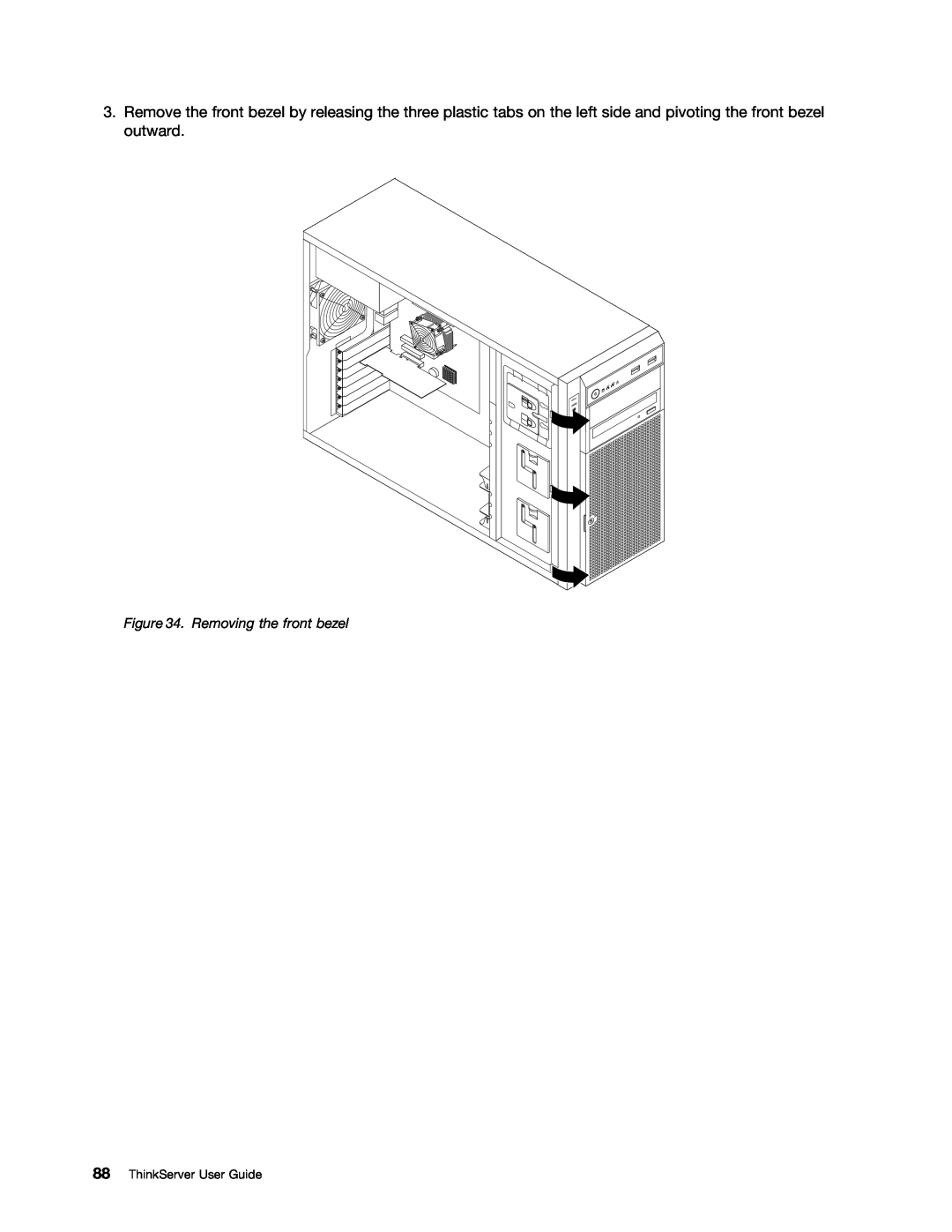 Lenovo 388, 387, 393, 391, 389, 441, 390, 392 manual Removing the front bezel, ThinkServer User Guide 