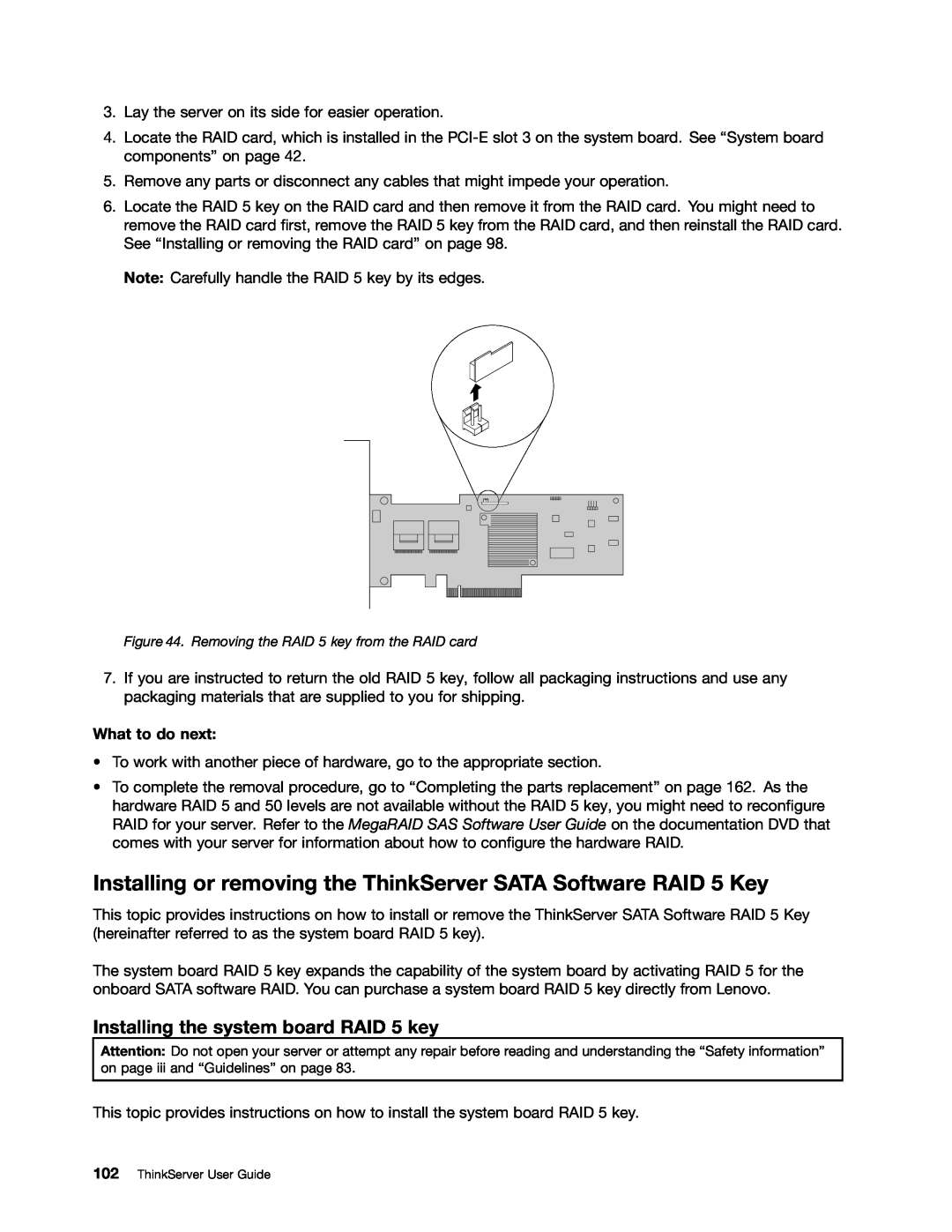 Lenovo 391, 387 Installing or removing the ThinkServer SATA Software RAID 5 Key, Installing the system board RAID 5 key 
