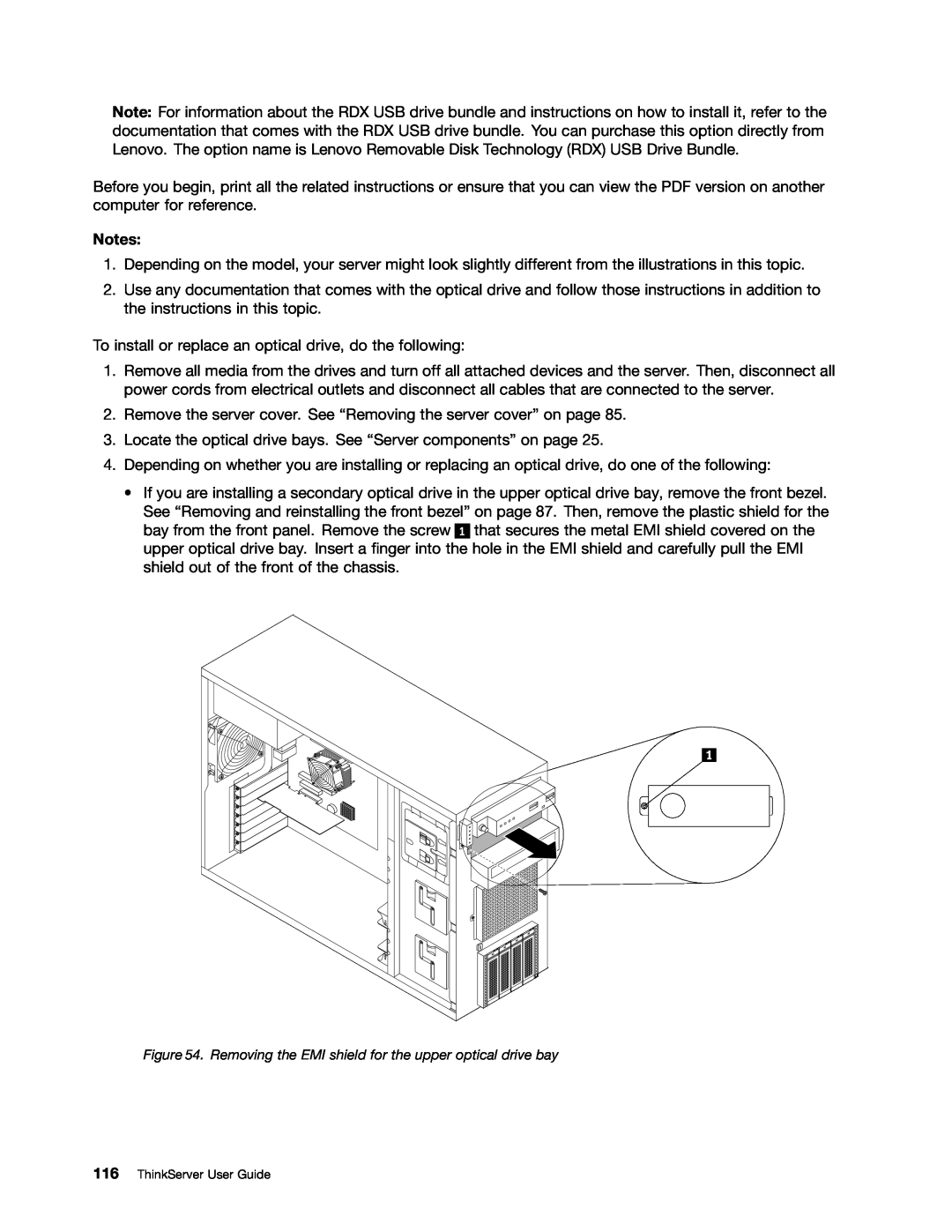 Lenovo 387, 393, 391, 389, 388, 441, 390, 392 Removing the EMI shield for the upper optical drive bay, ThinkServer User Guide 