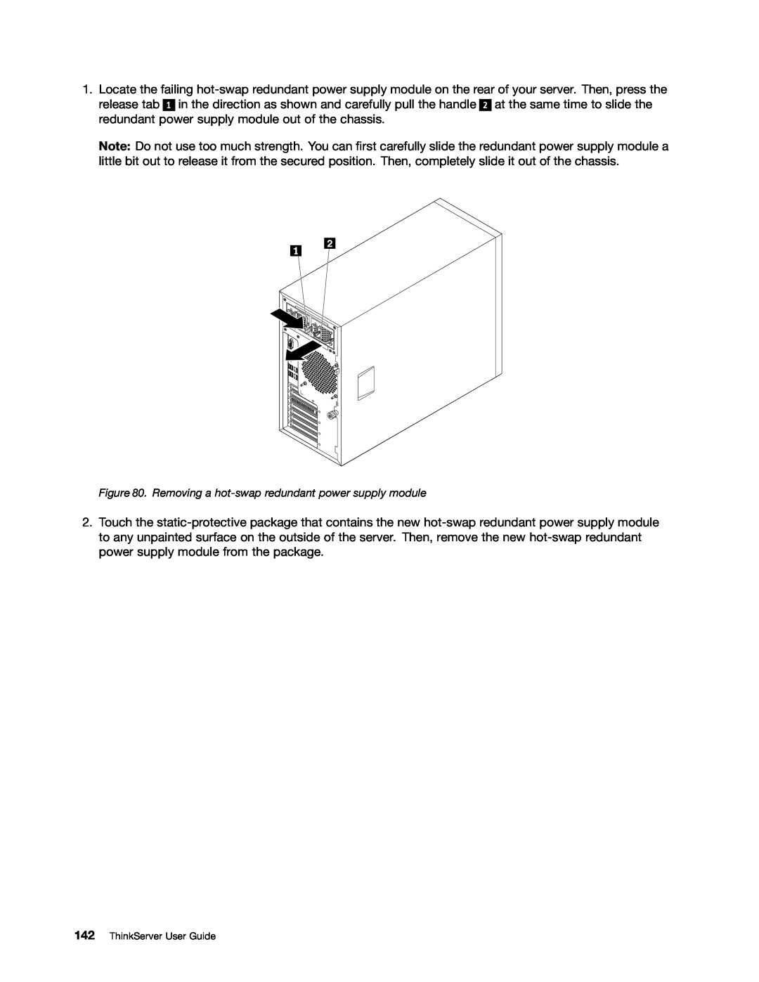 Lenovo 391, 387, 393, 389, 388, 441, 390, 392 manual Removing a hot-swap redundant power supply module, ThinkServer User Guide 