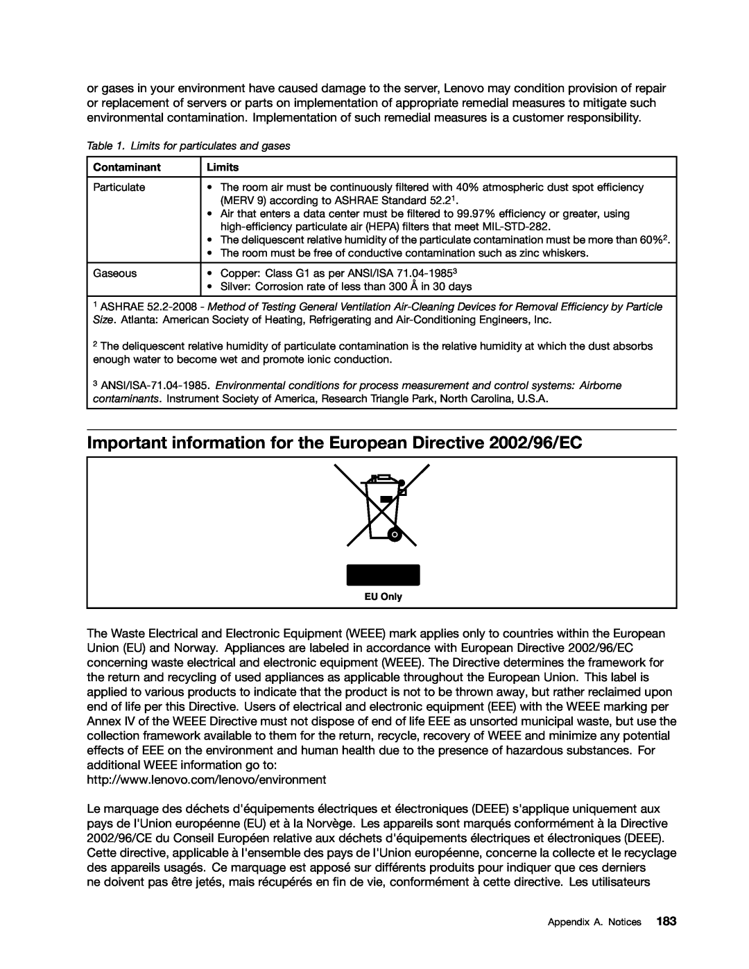 Lenovo 389, 387, 393, 391, 388, 441, 390, 392 Important information for the European Directive 2002/96/EC, Contaminant, Limits 