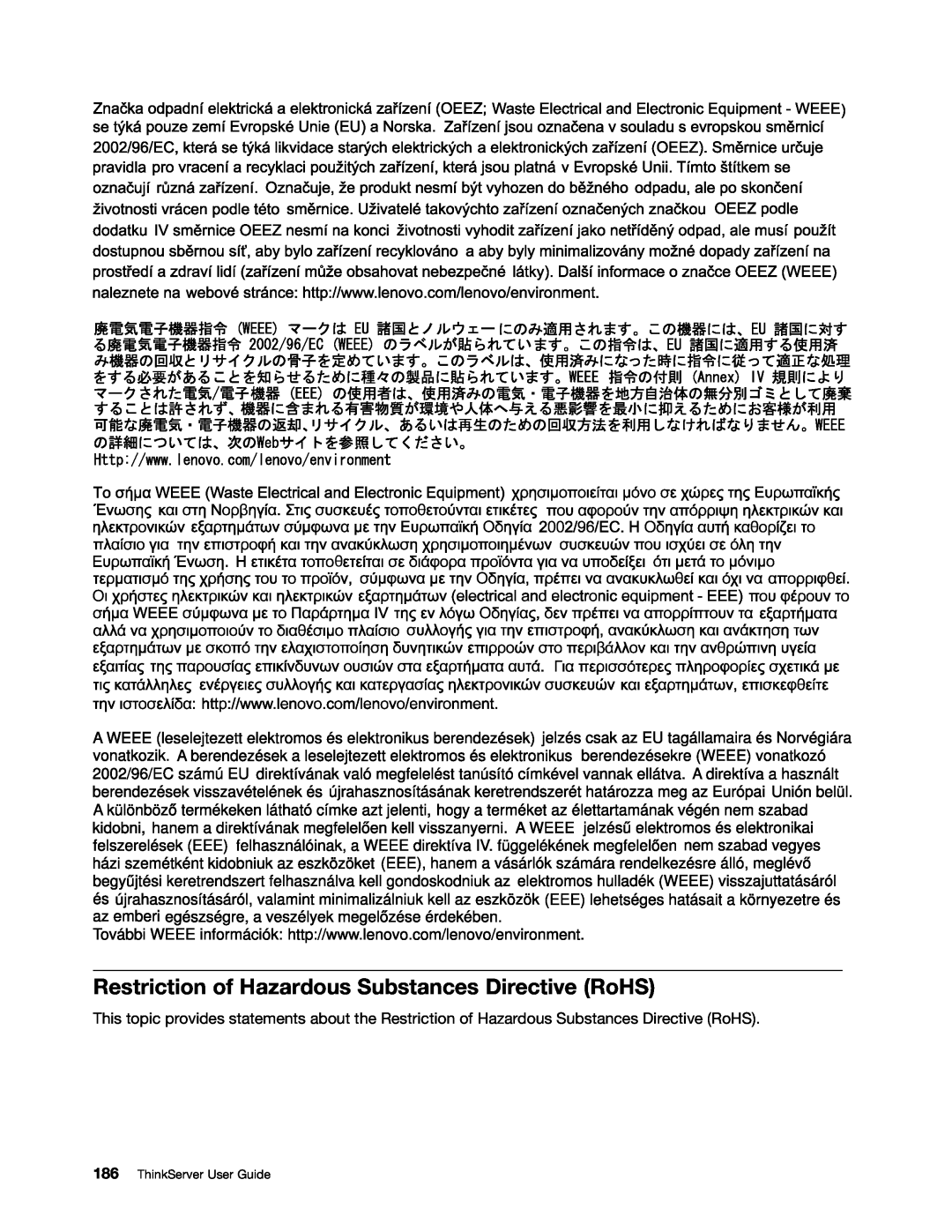 Lenovo 390, 387, 393, 391, 389, 388, 441, 392 manual Restriction of Hazardous Substances Directive RoHS, ThinkServer User Guide 
