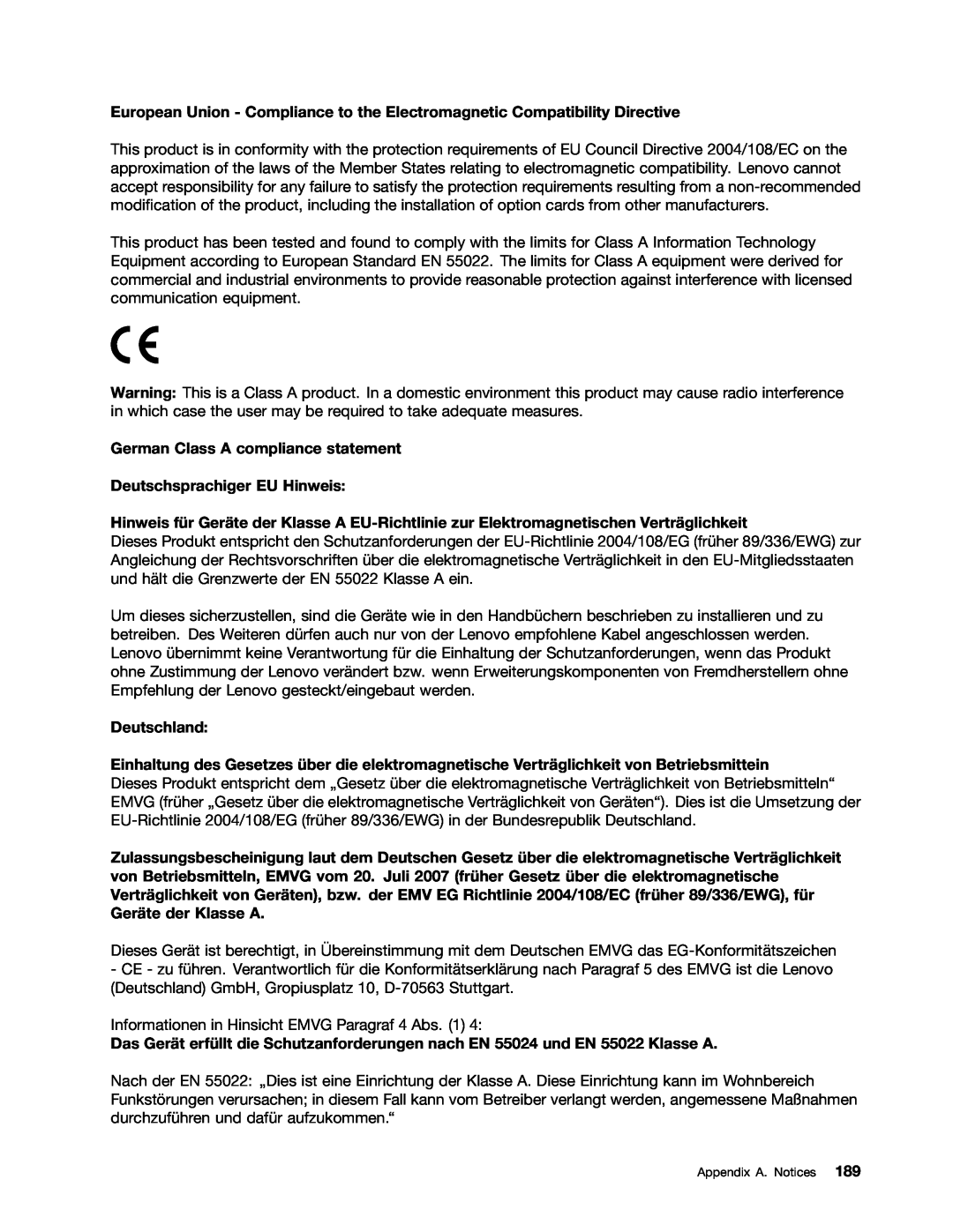 Lenovo 393, 387, 391, 389, 388, 441, 390, 392 manual German Class A compliance statement Deutschsprachiger EU Hinweis, Deutschland 