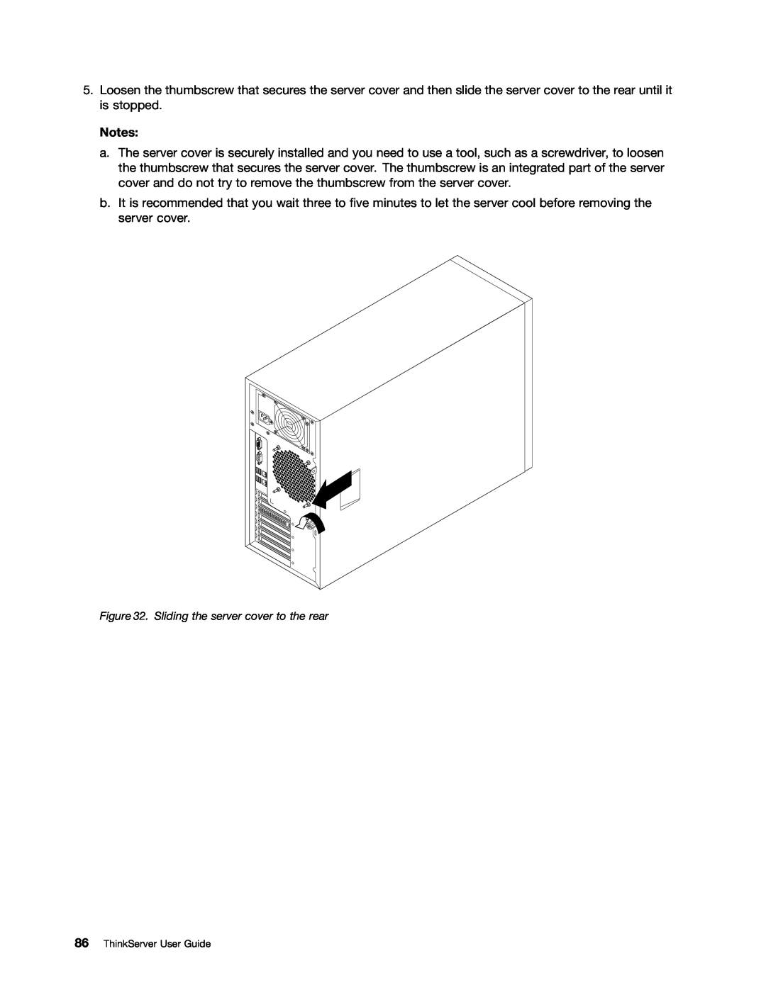 Lenovo 391, 387, 393, 389, 388, 441, 390, 392 manual Sliding the server cover to the rear, ThinkServer User Guide 