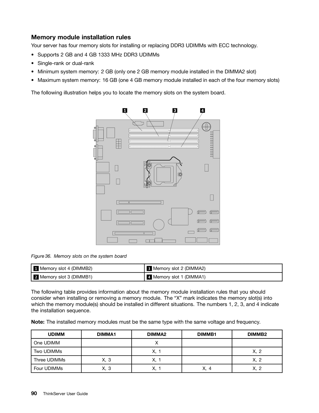 Lenovo 390, 387, 393, 391, 389, 388, 441, 392 manual Memory module installation rules, Memory slots on the system board 