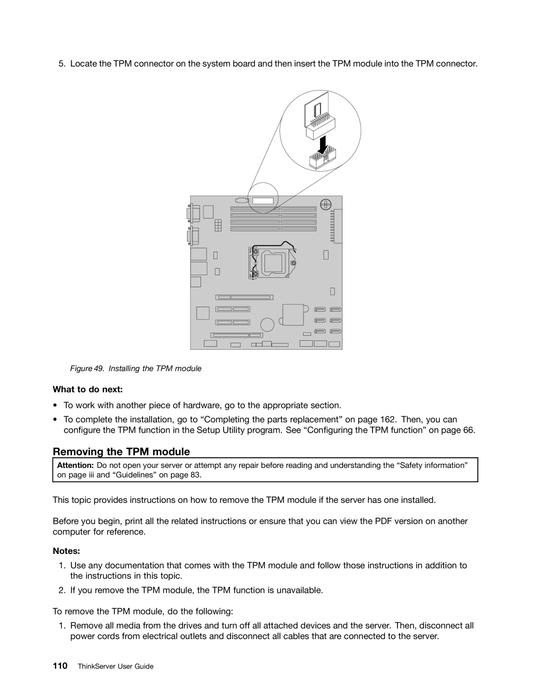 Lenovo 391, 387, 393, 389, 388, 441, 390, 392 manual Removing the TPM module, Installing the TPM module 