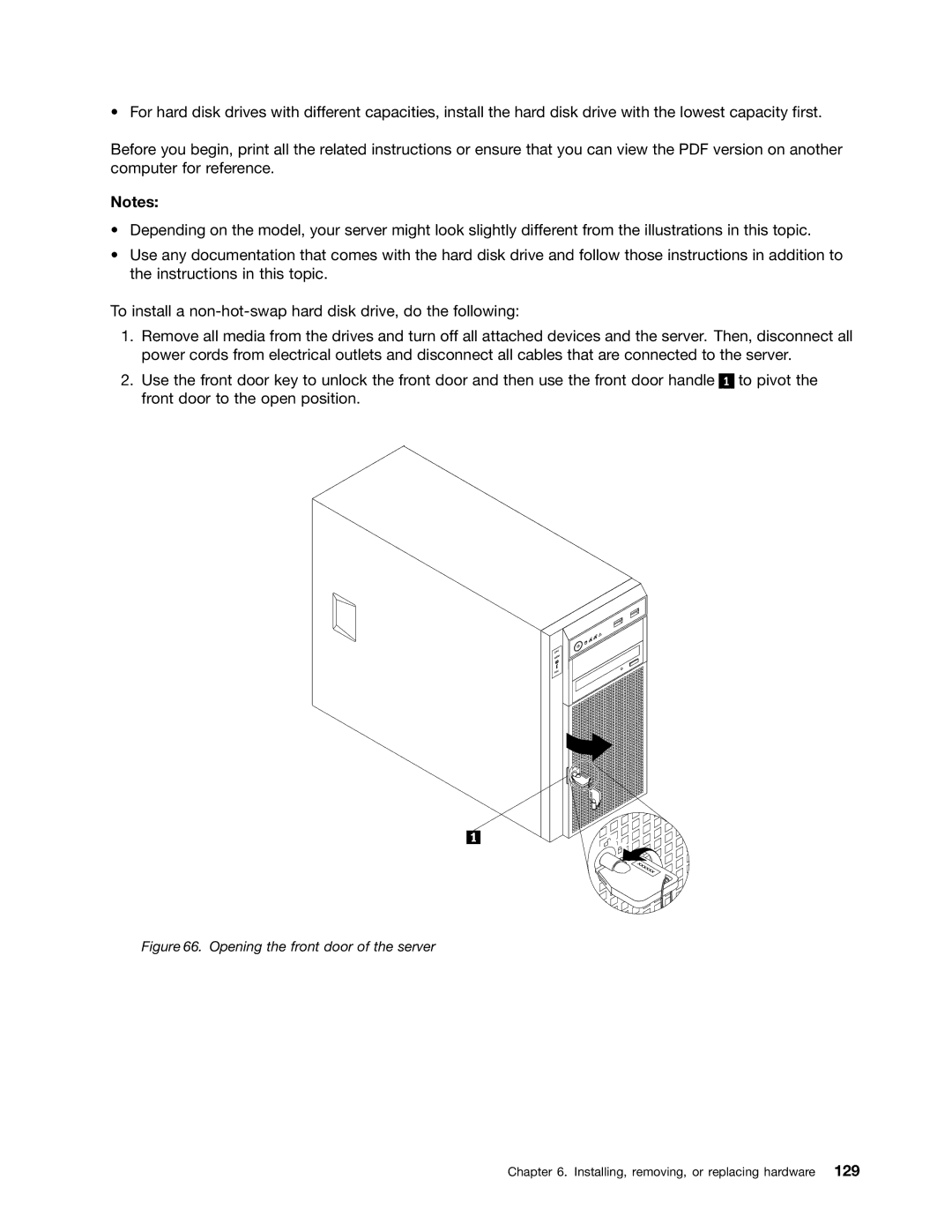 Lenovo 441, 387, 393, 391, 389, 388, 390, 392 manual Opening the front door of the server 